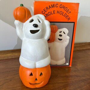 Vintage Ceramic Halloween Ghost & Pumpkin Tea Light Candle Holder Jack-O-Lantern